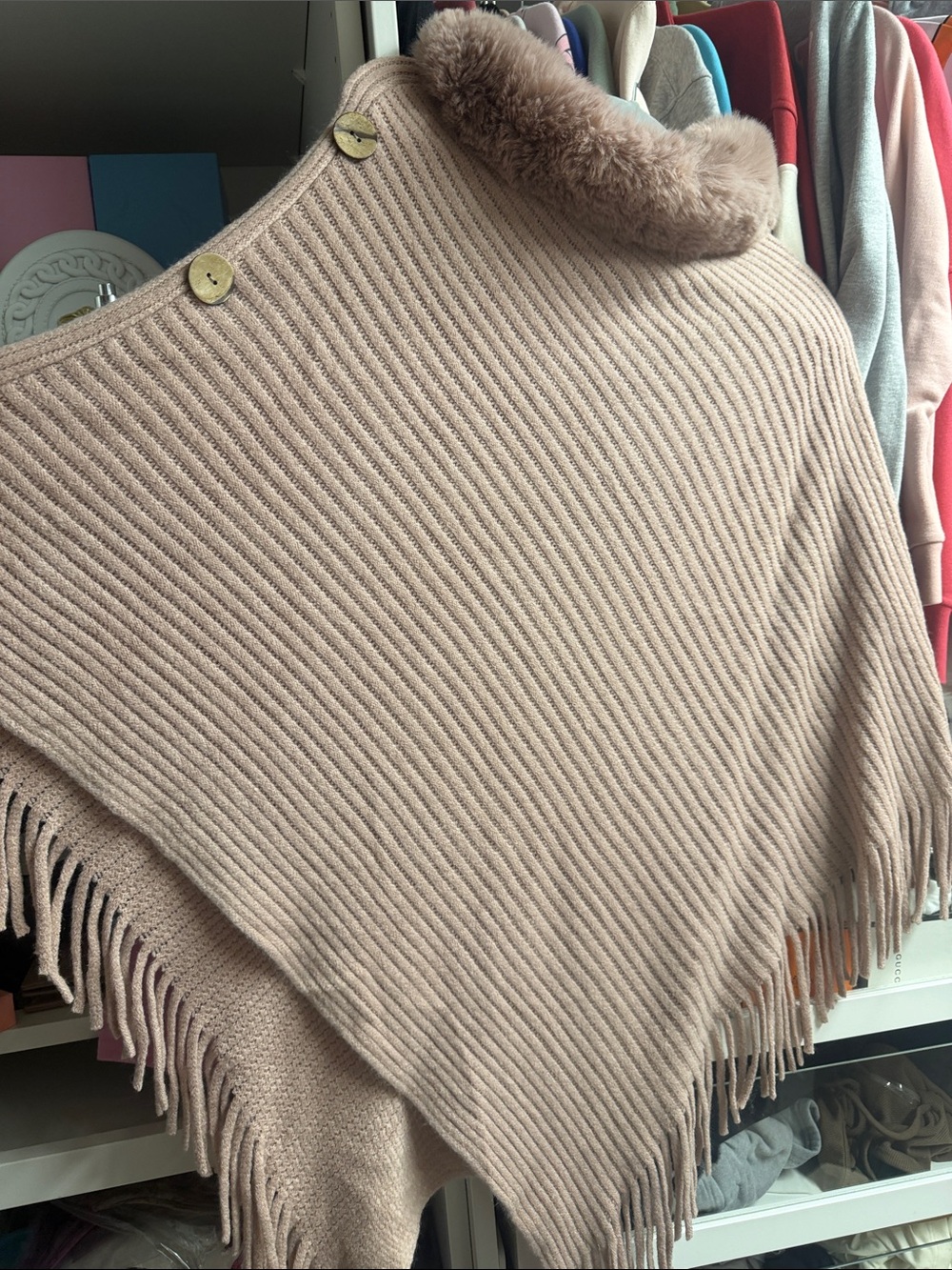 Women's Blush Ribbed Fringe Poncho with Faux Fur Collar